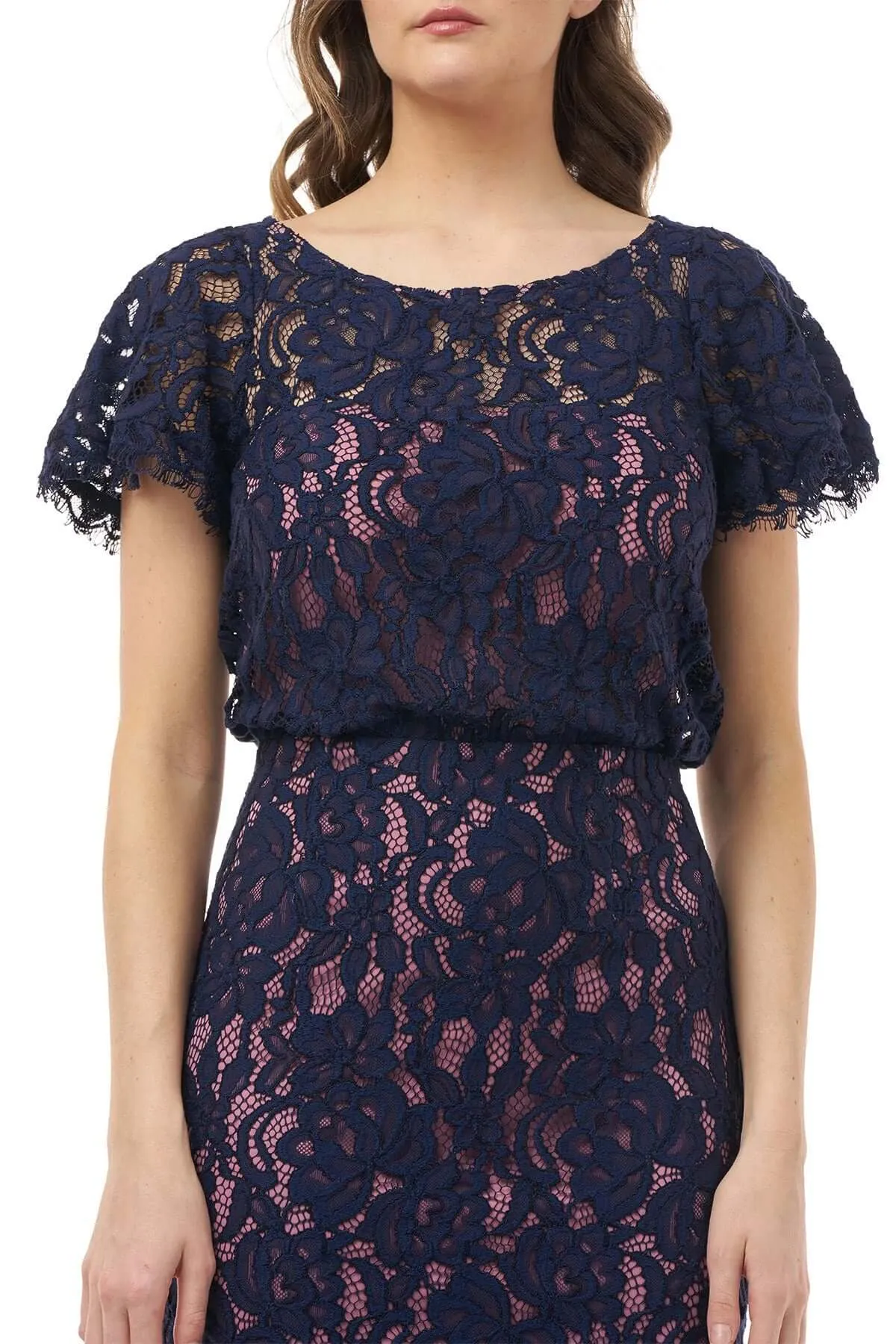 JS Collections Boat Neck Short Sleeve Blouson Zipper Back Lace Dress