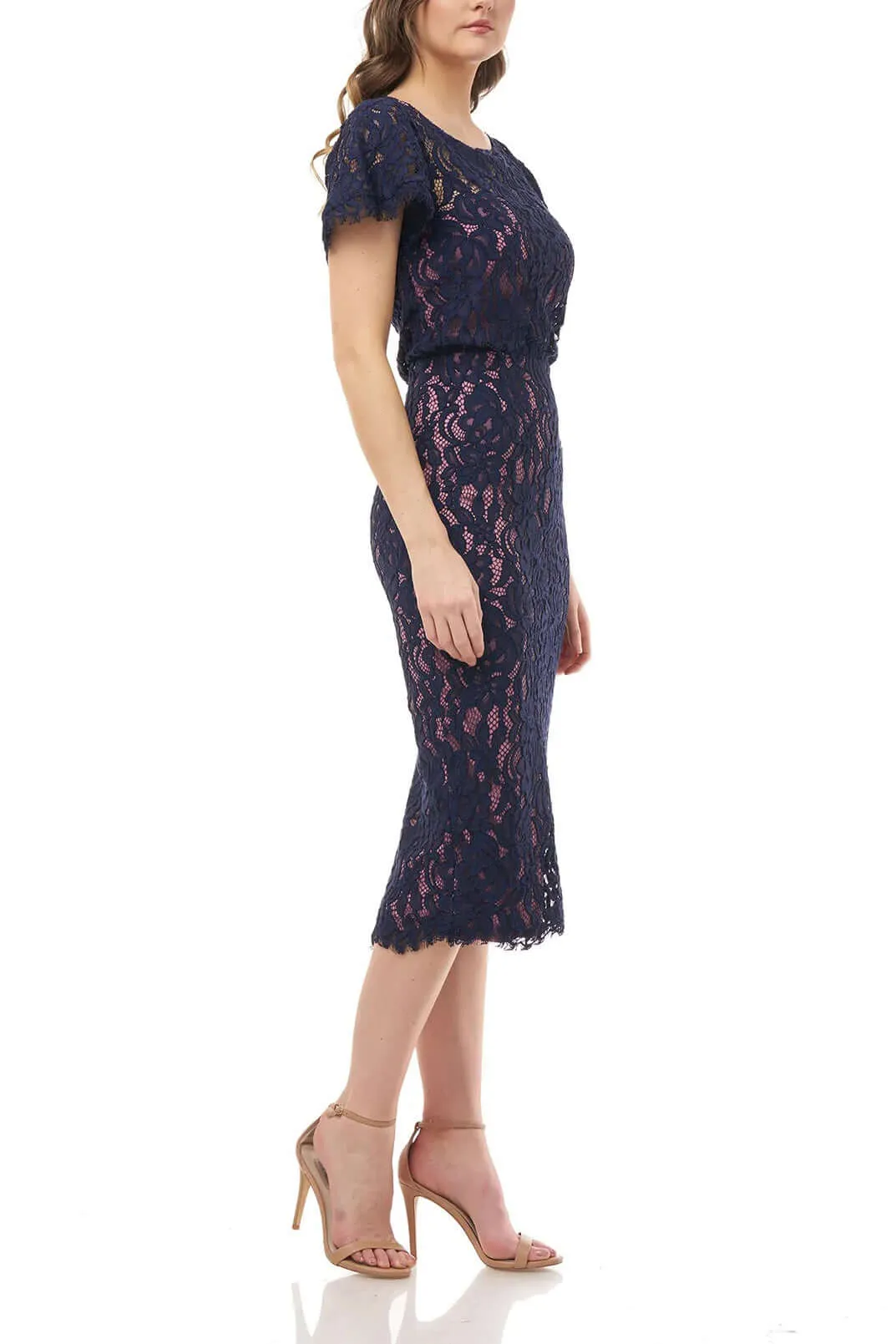 JS Collections Boat Neck Short Sleeve Blouson Zipper Back Lace Dress