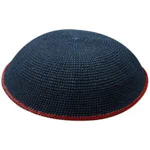 Knitted Dmc Kippah 12 Cm, Dark Blue With Dark Red Line