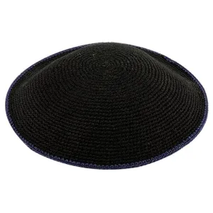 Knitted Dmc Kippah 14 Cm, Black With Dark Blue Line