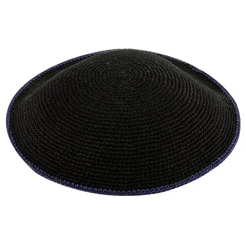 Knitted Dmc Kippah 14 Cm, Black With Dark Blue Line