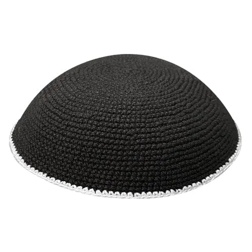 Knitted Dmc Kippah 14 Cm, Black With White Line
