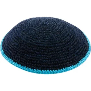 Knitted Dmc Kippah 14 Cm, Dark Blue With Light Blue Line