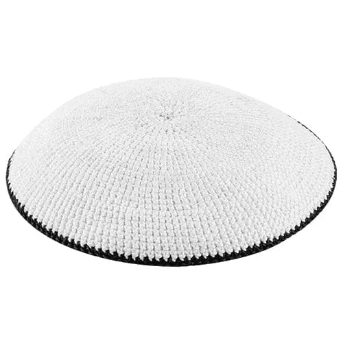 Knitted Dmc Kippah 17 Cm, White With Black Line
