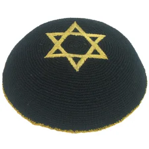 Knitted Kippah 16 Cm- Black With Golden Magen David Embroidery