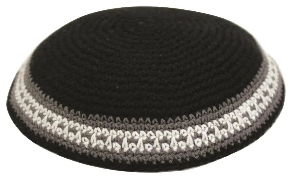 Knitted Kippah 16 Cm- Black With Gray & White Stripe