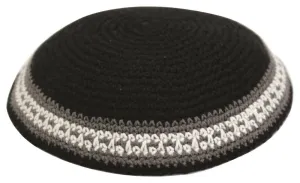 Knitted Kippah 16 Cm- Black With Gray & White Stripe