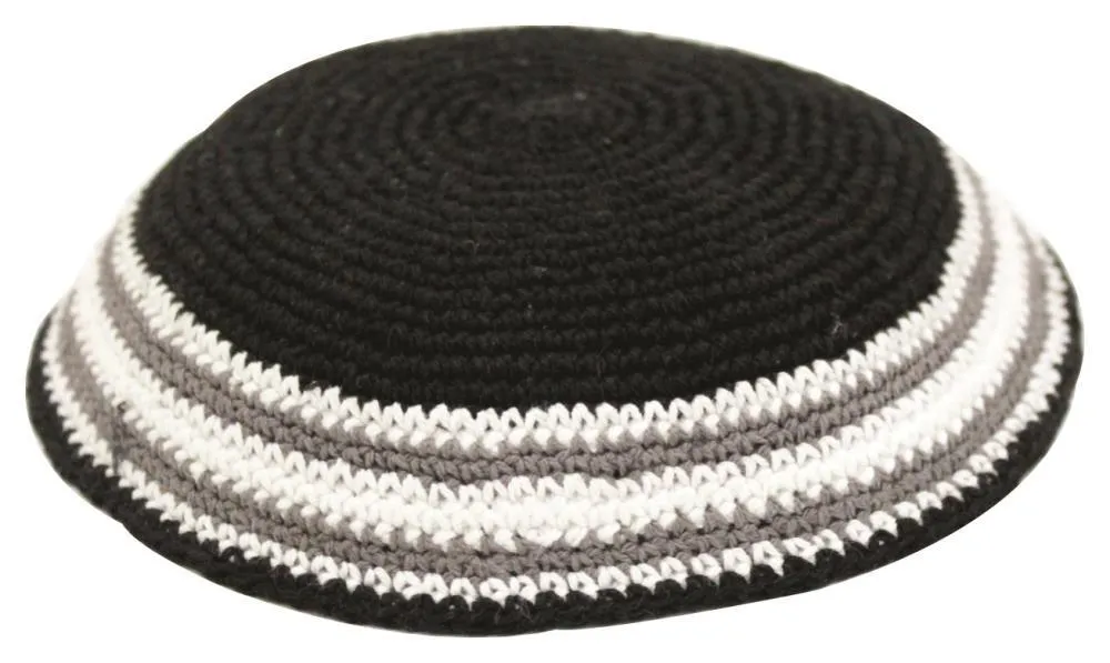 Knitted Kippah 16 Cm- Black With White & Gray Around