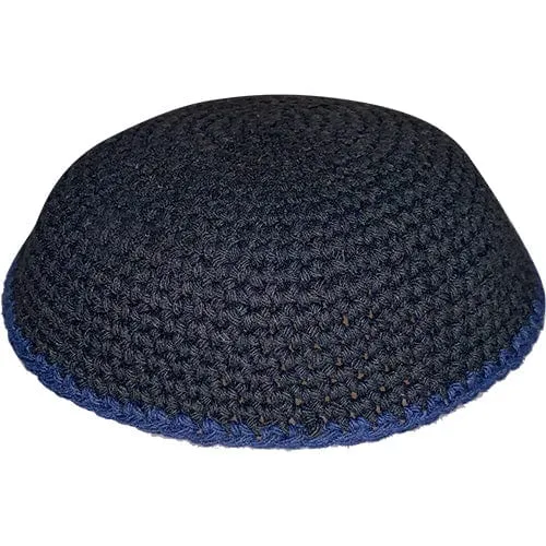 Knitted Kippah 17 Cm- Black With Blue Line