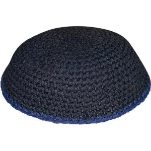 Knitted Kippah 17 Cm- Black With Blue Line