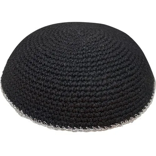Knitted Kippah 17 Cm- Black With Silver Line