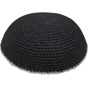 Knitted Kippah 17 Cm- Black With Silver Line