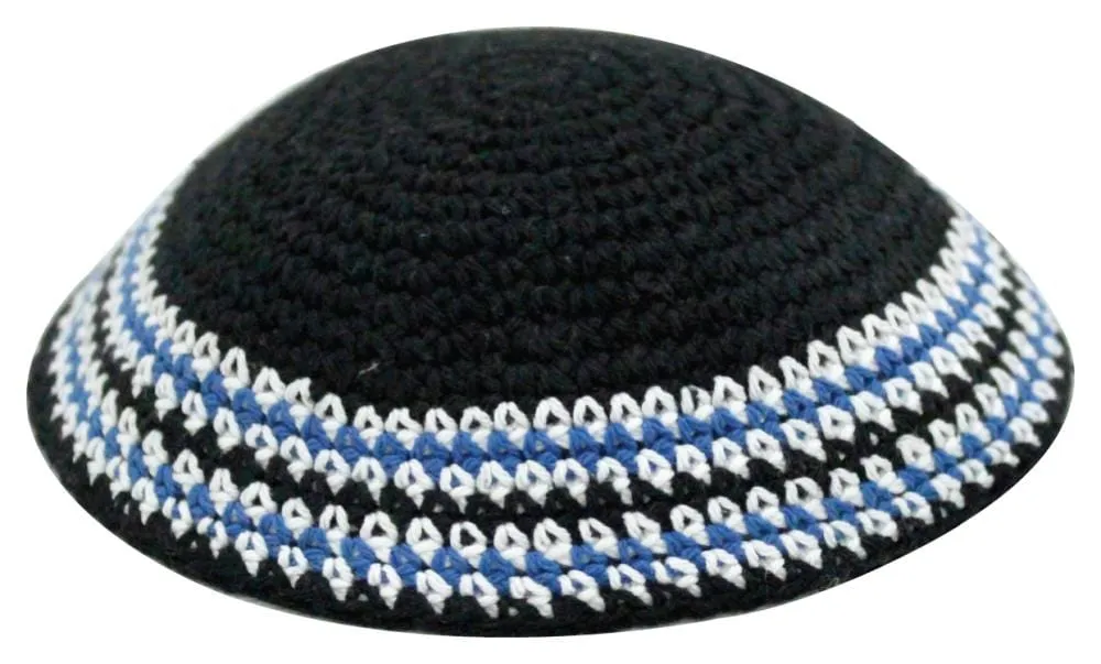 Knitted Kippah 18 Cm- Black With Black & Green Stripes