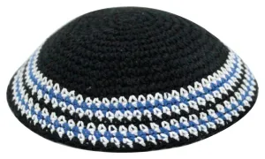 Knitted Kippah 18 Cm- Black With Black & Green Stripes