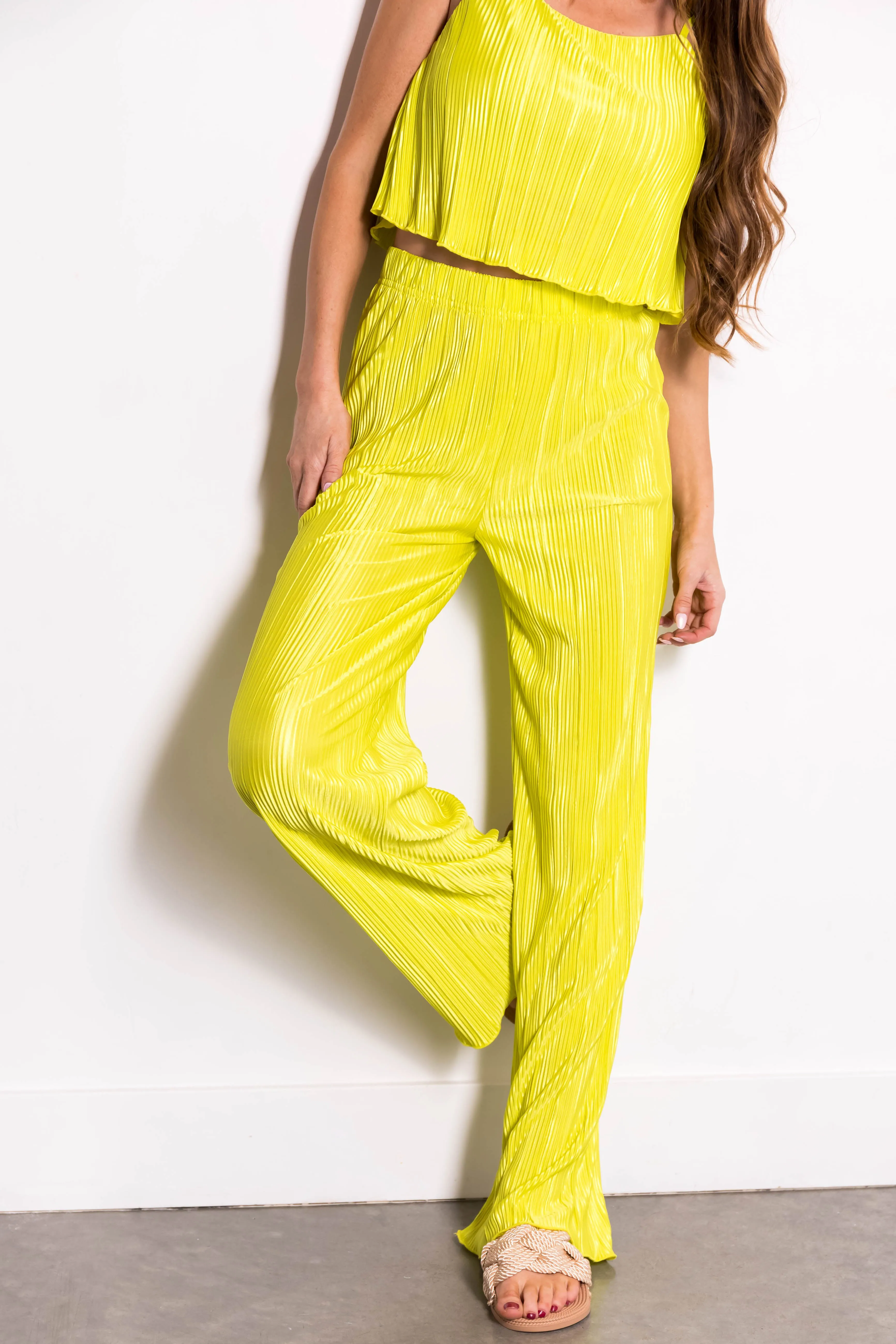 Lime Plisse Sleeveless Top and Pants Set