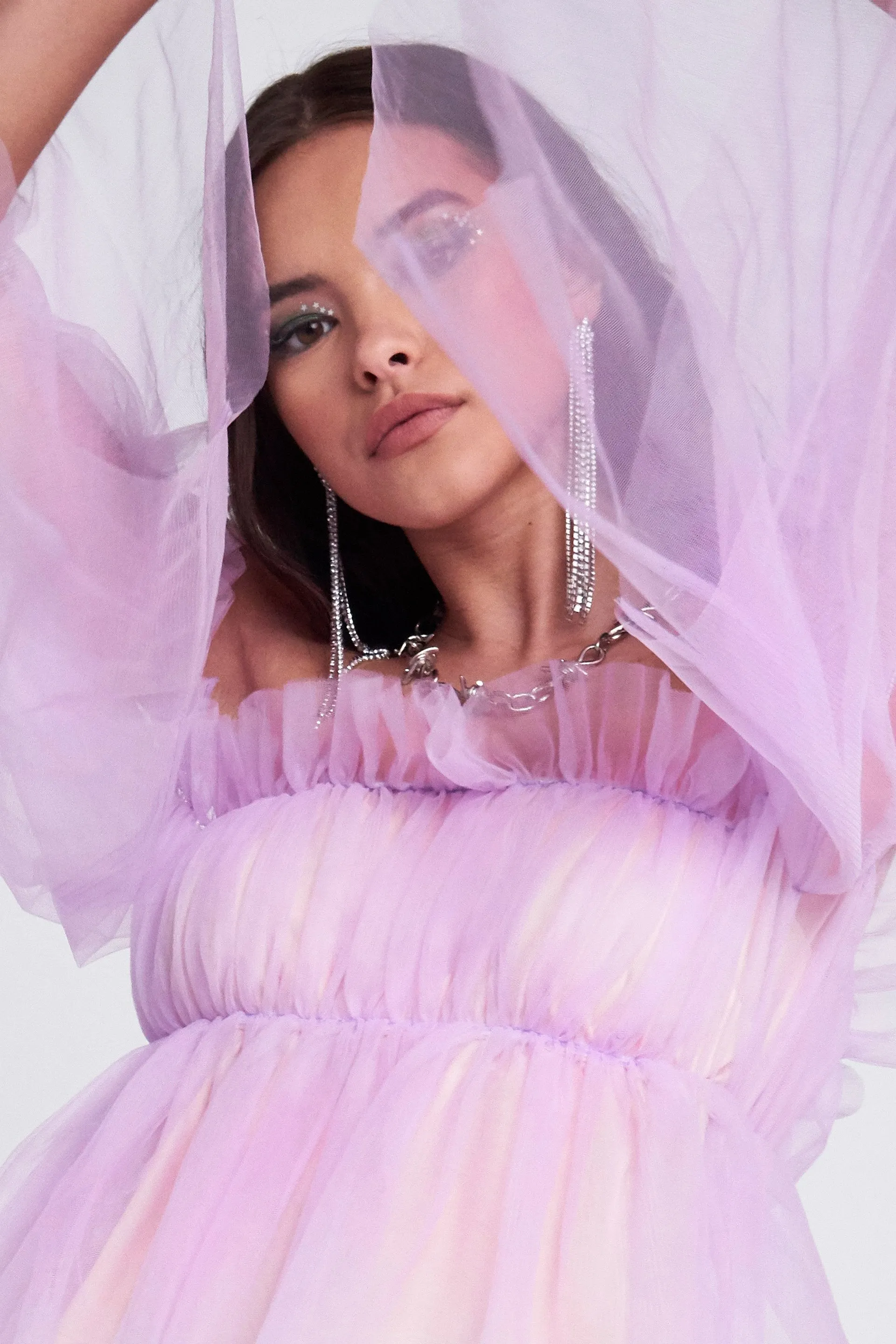 Long Sleeve Lilac Ruffle Mesh Top