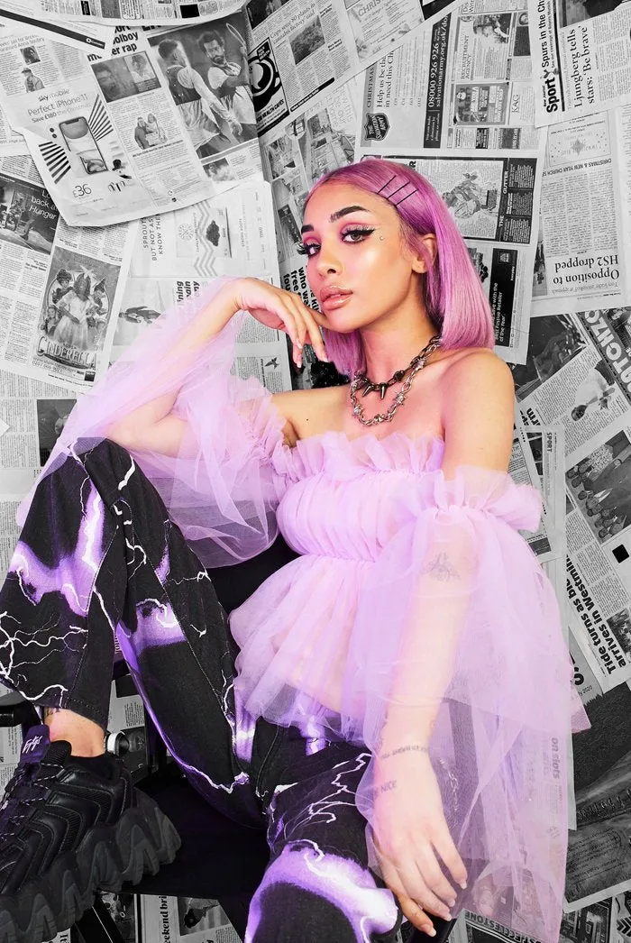 Long Sleeve Lilac Ruffle Mesh Top