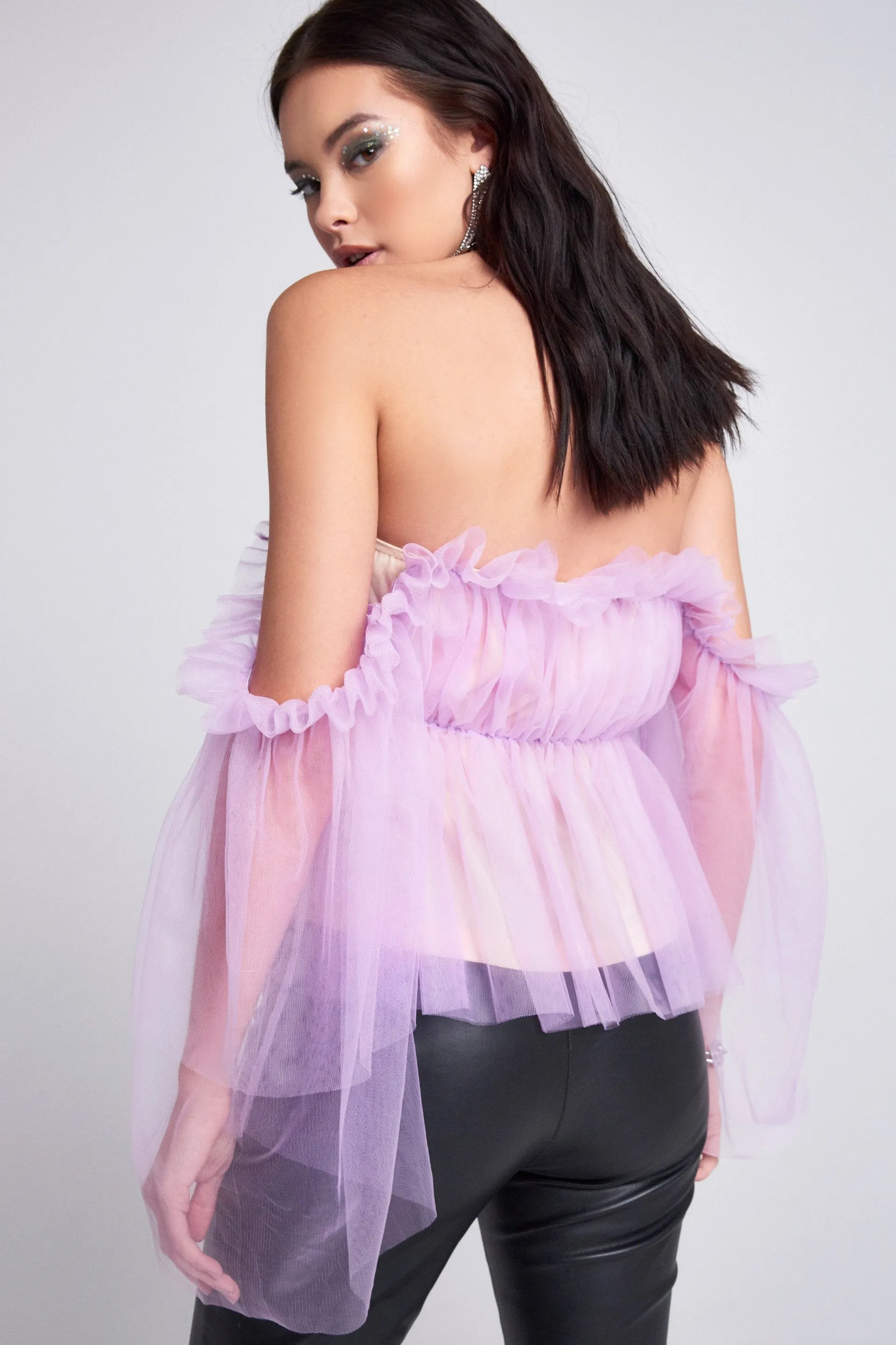 Long Sleeve Lilac Ruffle Mesh Top