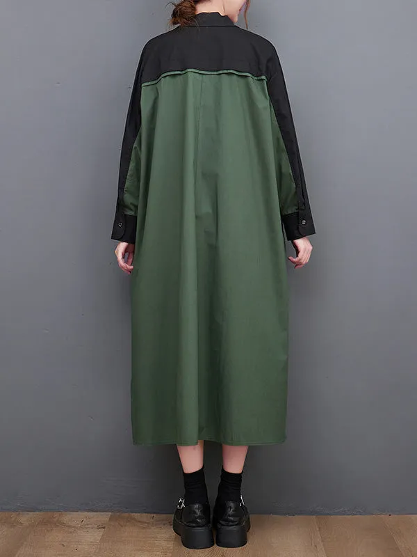 Long Sleeves Loose Asymmetric Buttoned Split-Joint Split-Side Lapel Midi Dresses Shirt Dress