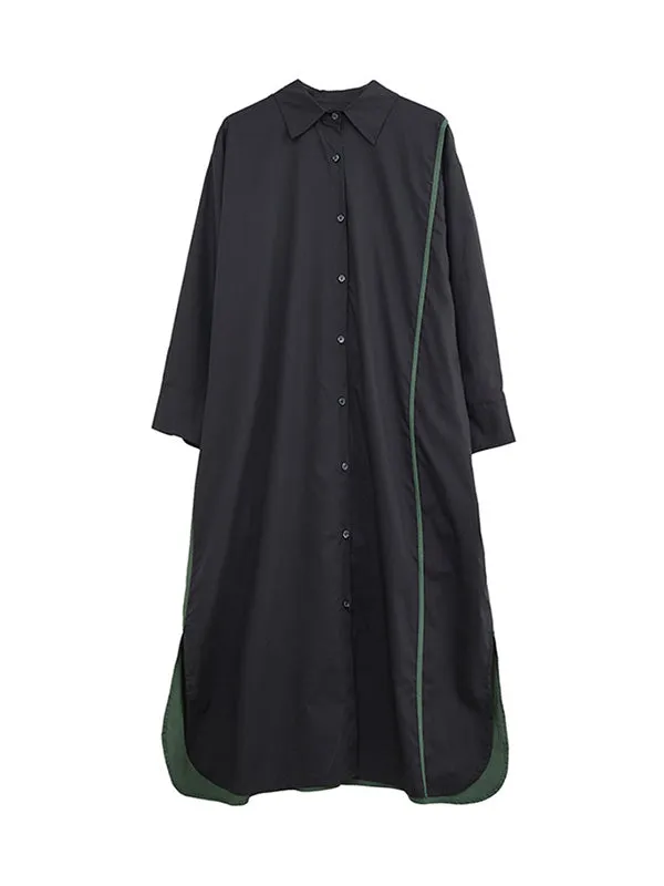 Long Sleeves Loose Asymmetric Buttoned Split-Joint Split-Side Lapel Midi Dresses Shirt Dress