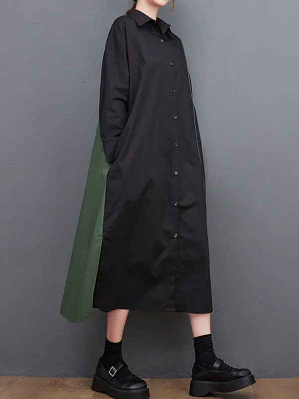 Long Sleeves Loose Asymmetric Buttoned Split-Joint Split-Side Lapel Midi Dresses Shirt Dress