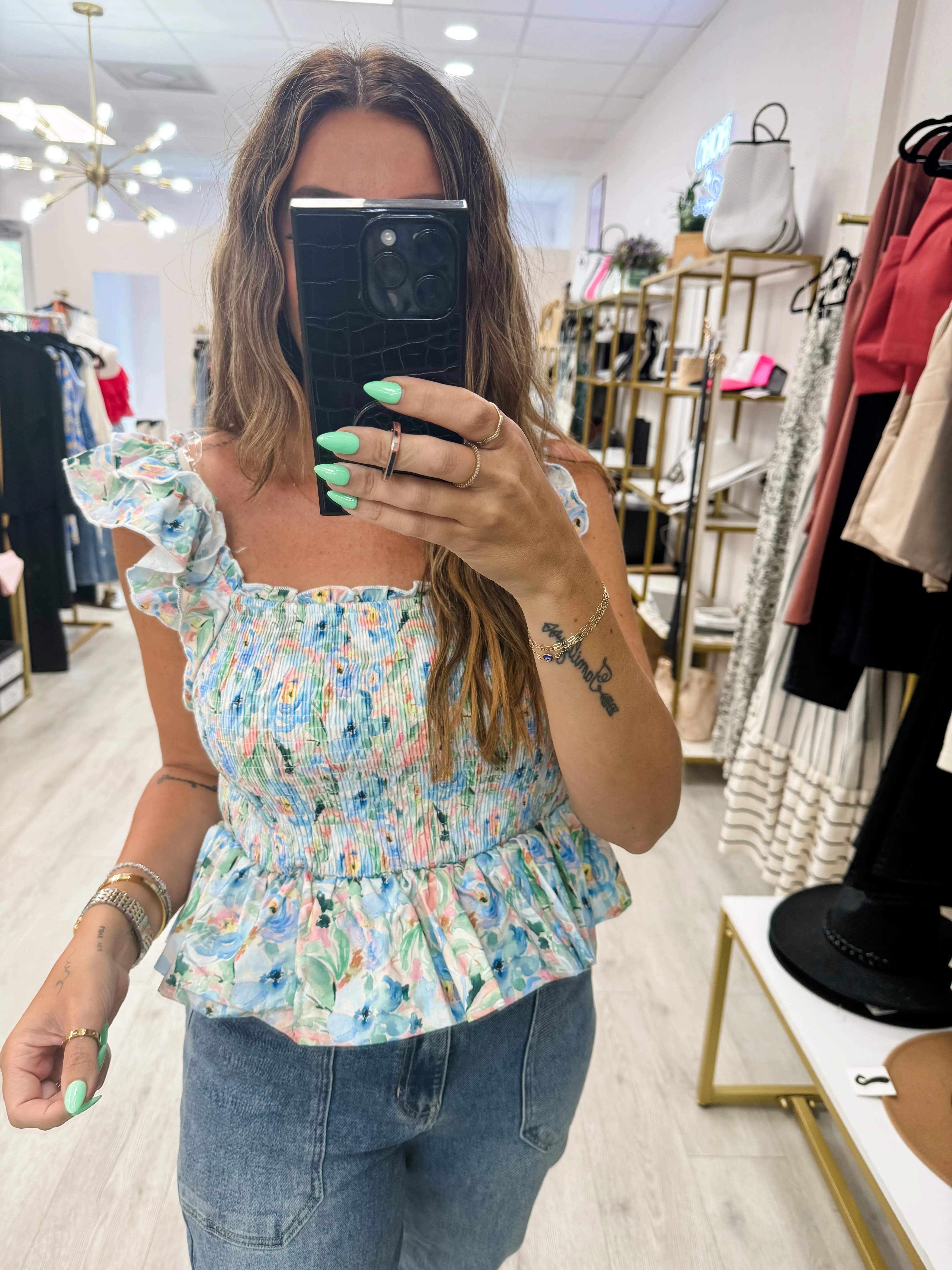 M- Peach Blue Floral Top
