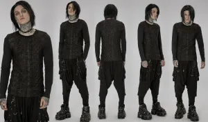 Men Autumn Winter Goth Dark Black Knitted Printed Long Sleeve T-Shirt