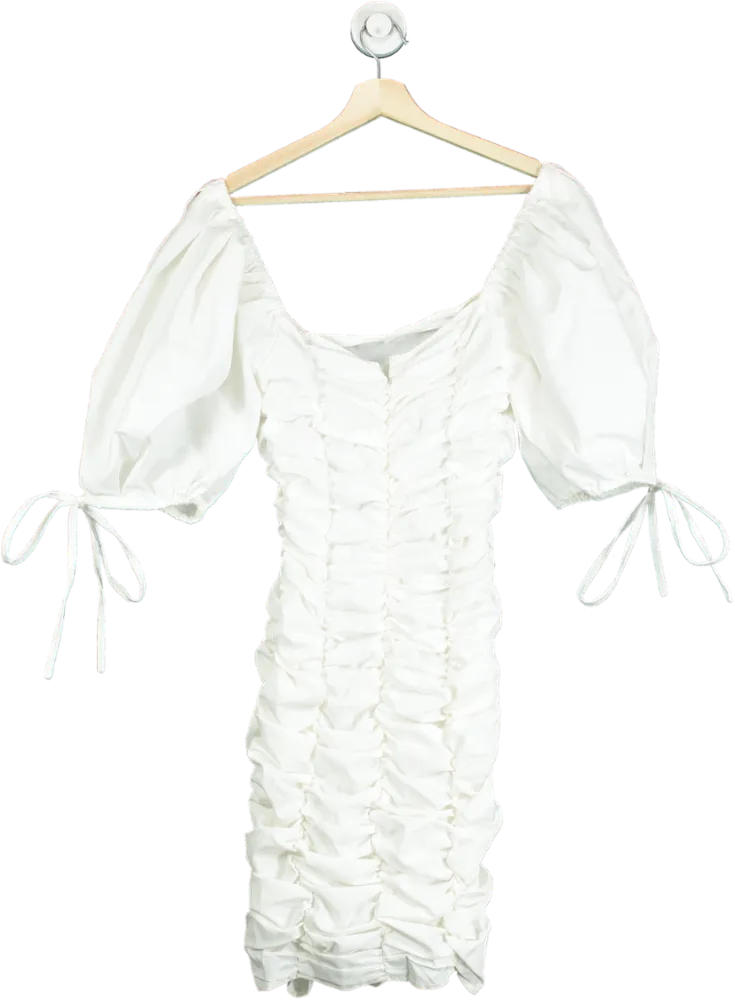 Misspap White Ruched Puff Sleeve Square Neck Dress UK 8