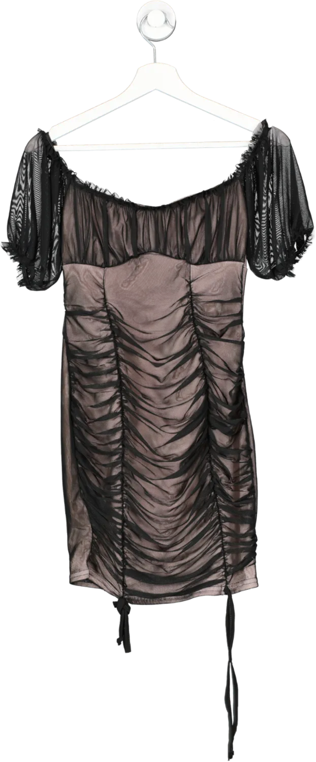 Nasty Gal Black Ruched Mesh Puff Sleeve Mini Dress UK 4
