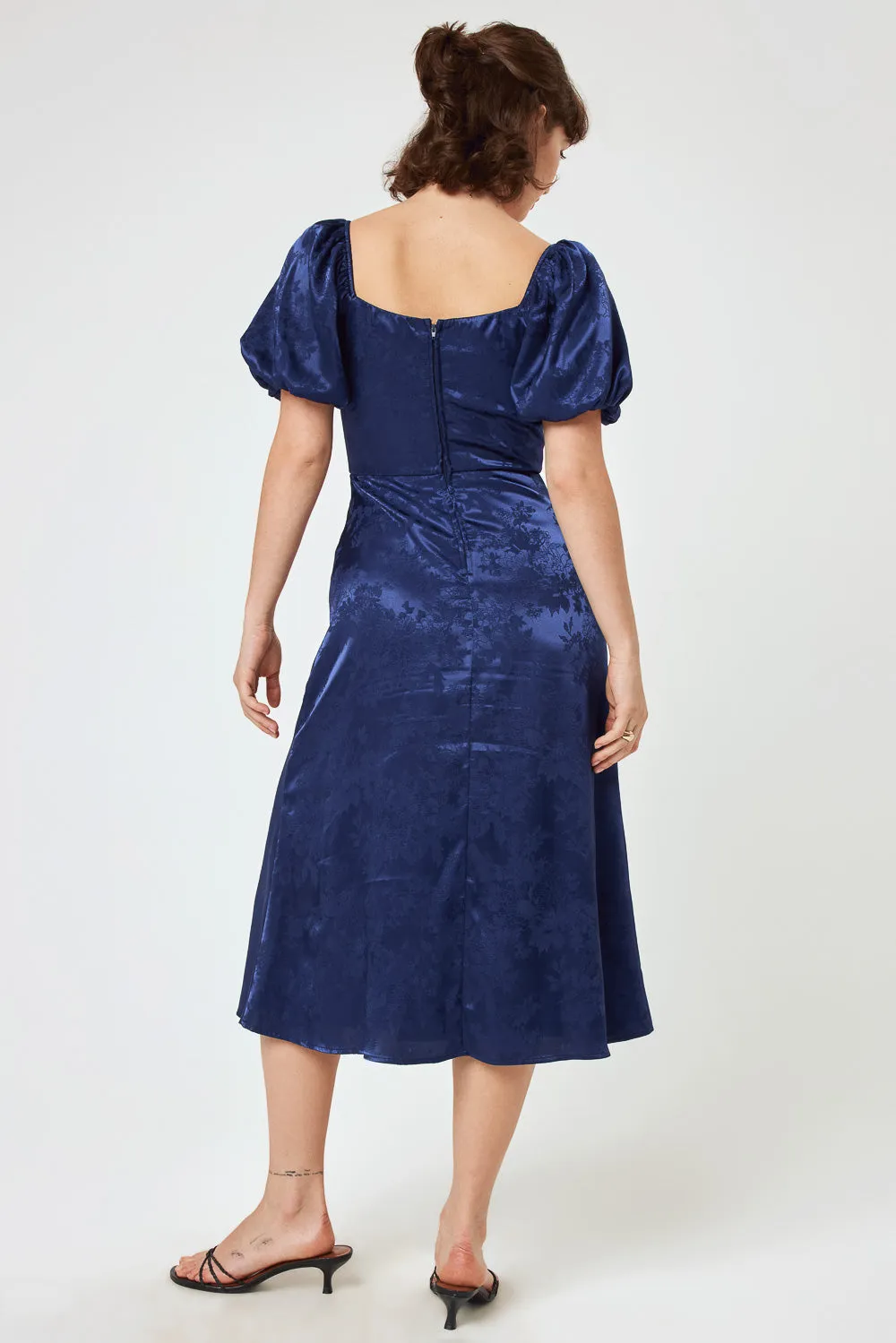 Navy Jacquard Puff Sleeve Midi Dress