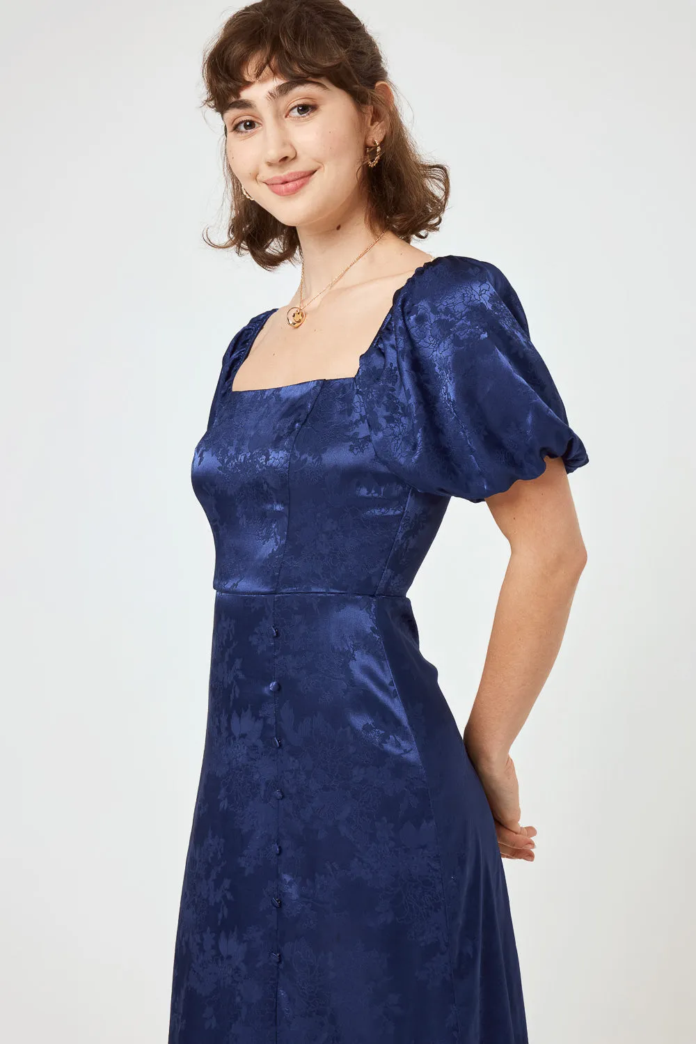 Navy Jacquard Puff Sleeve Midi Dress