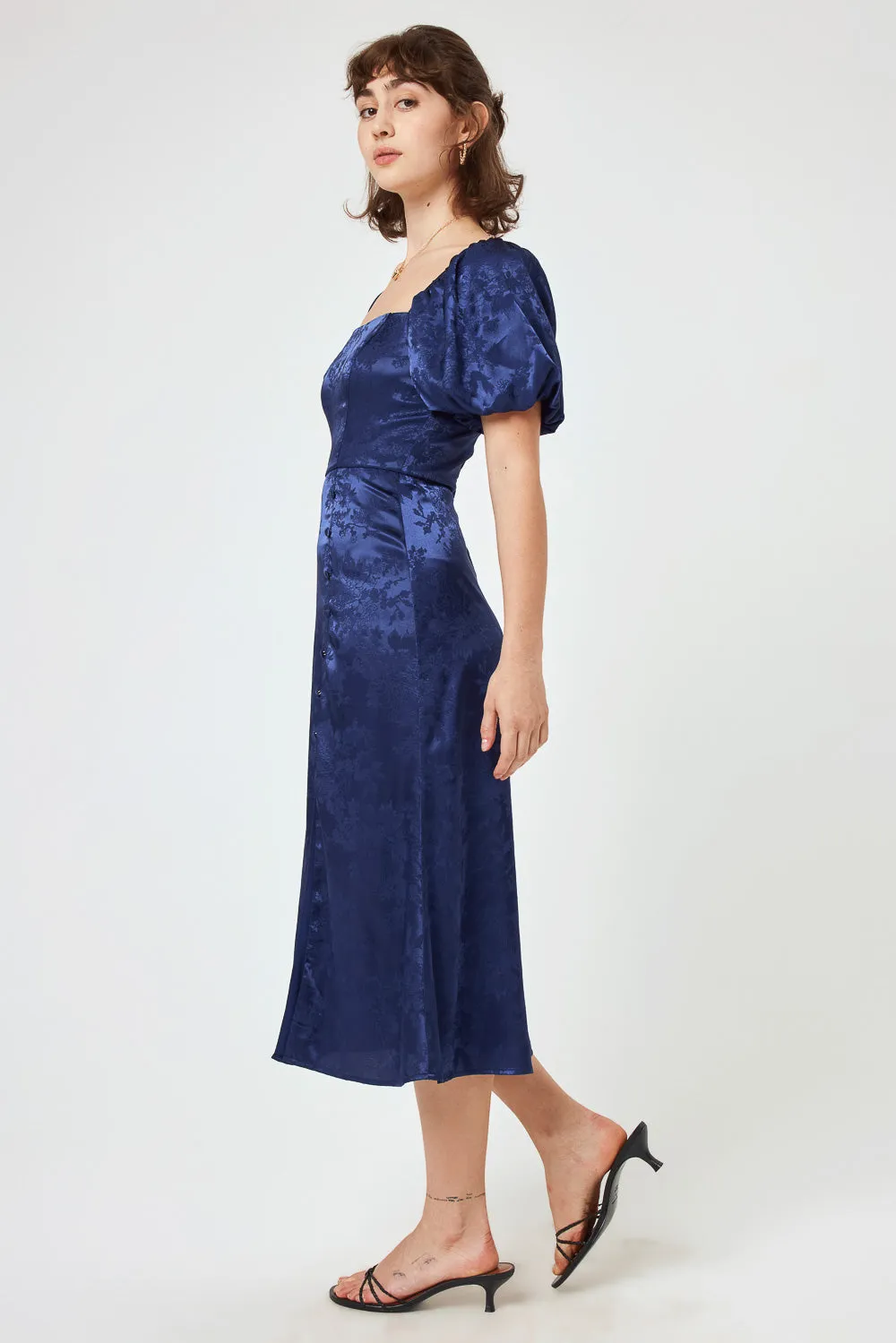 Navy Jacquard Puff Sleeve Midi Dress
