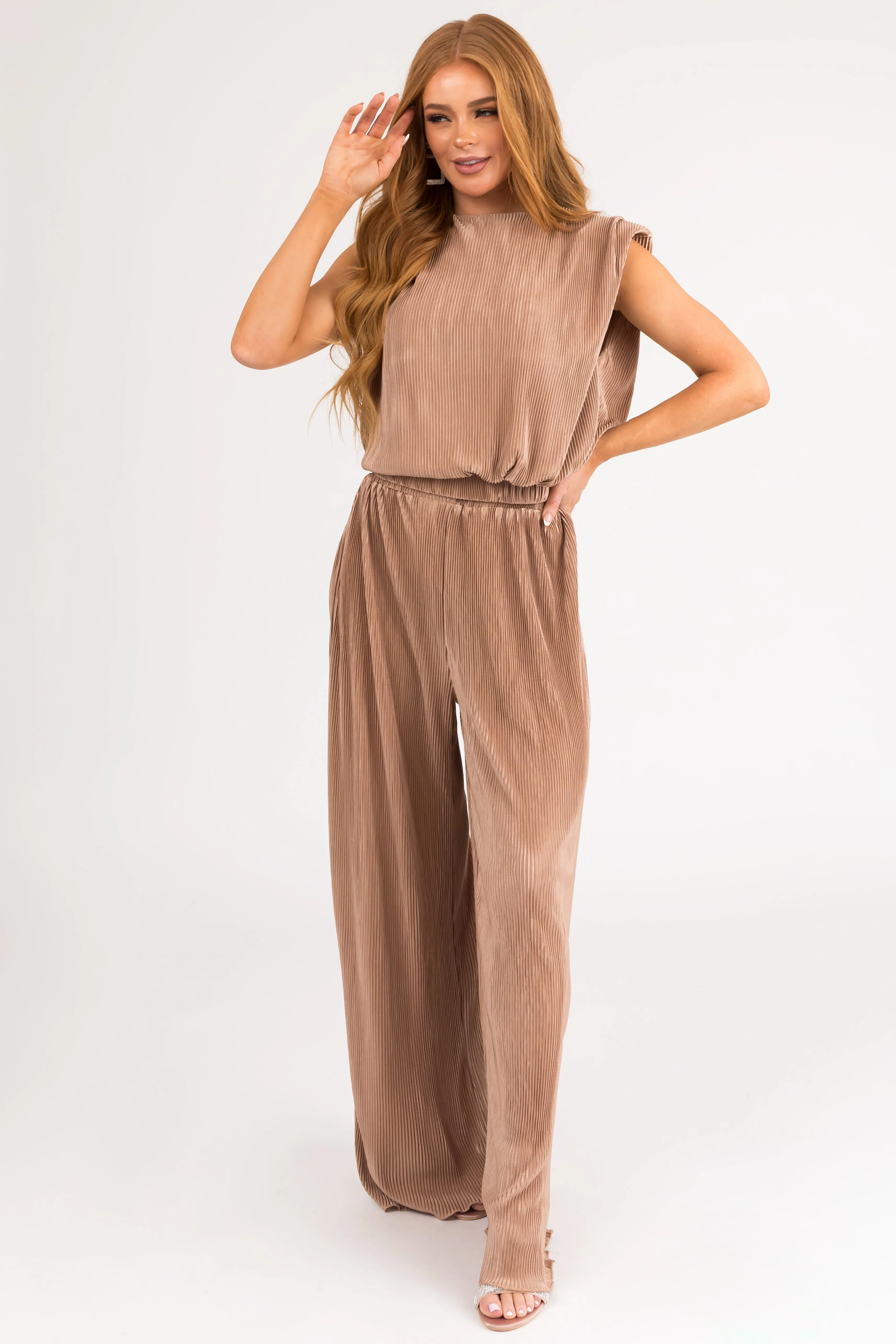 Nude Plisse Elastic Waistband Flowy Pants
