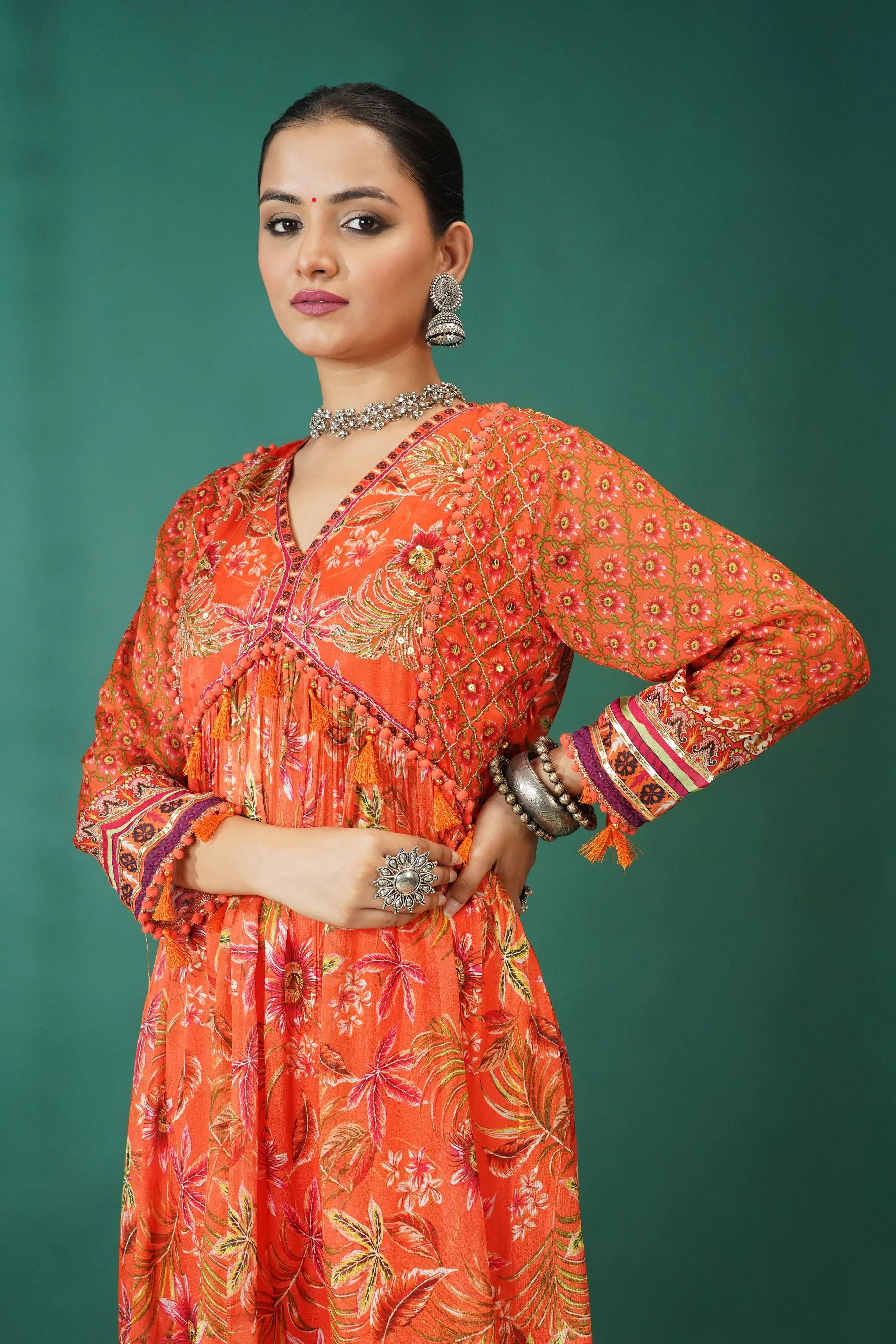 Orange Traditional Printed Chinon Silk Palazzo Set