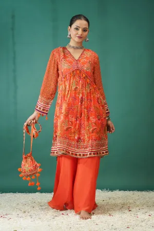 Orange Traditional Printed Chinon Silk Palazzo Set