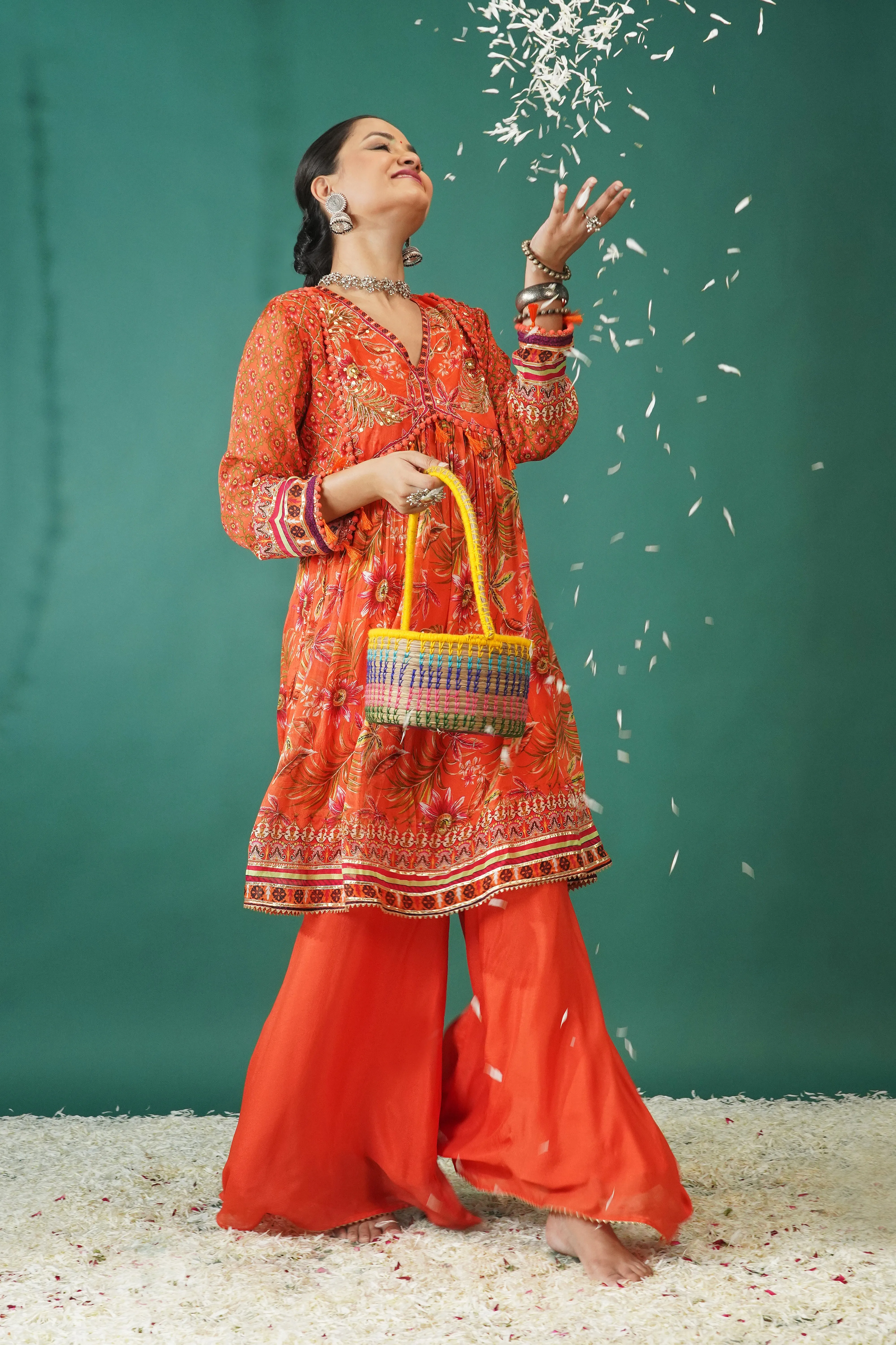 Orange Traditional Printed Chinon Silk Palazzo Set