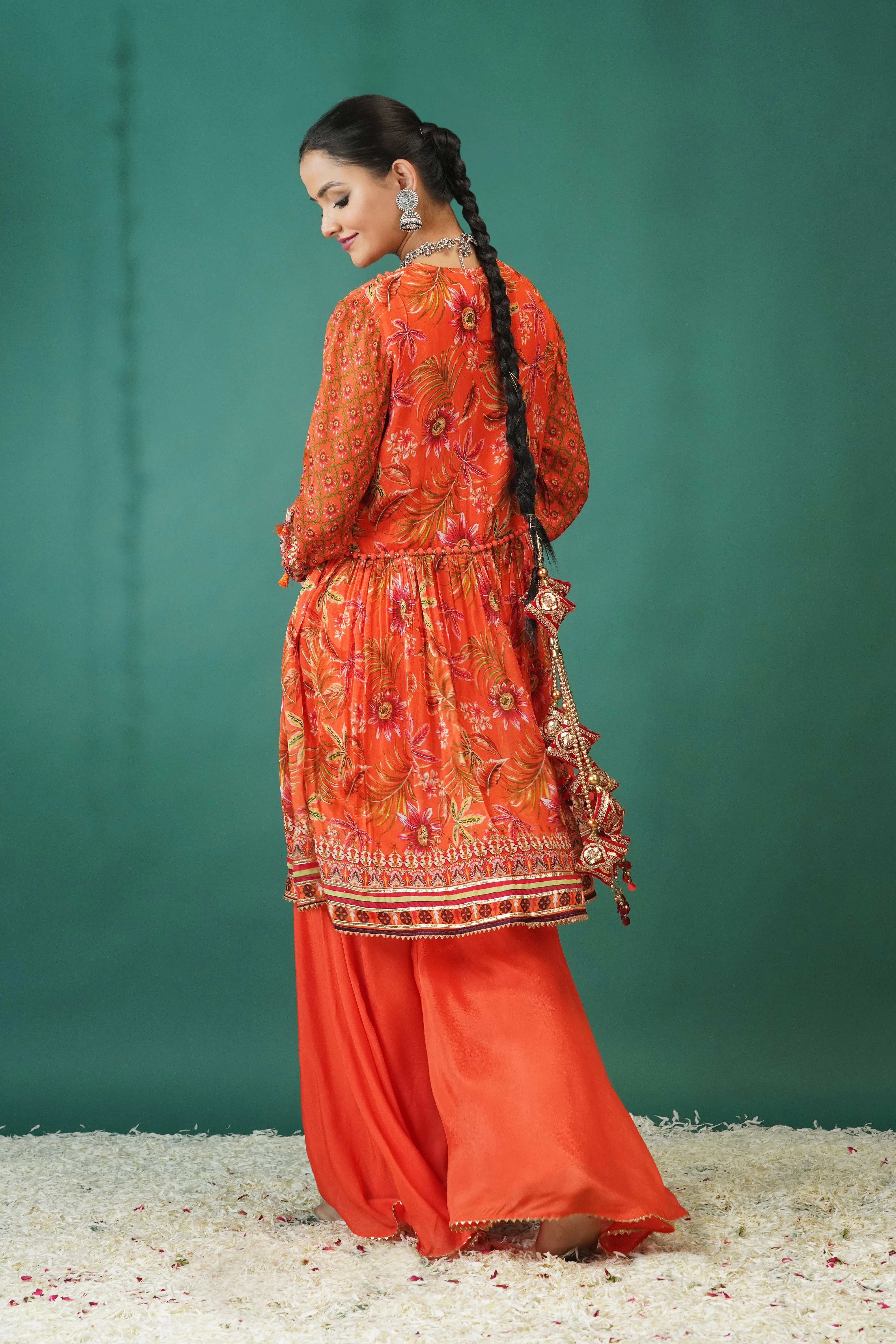 Orange Traditional Printed Chinon Silk Palazzo Set