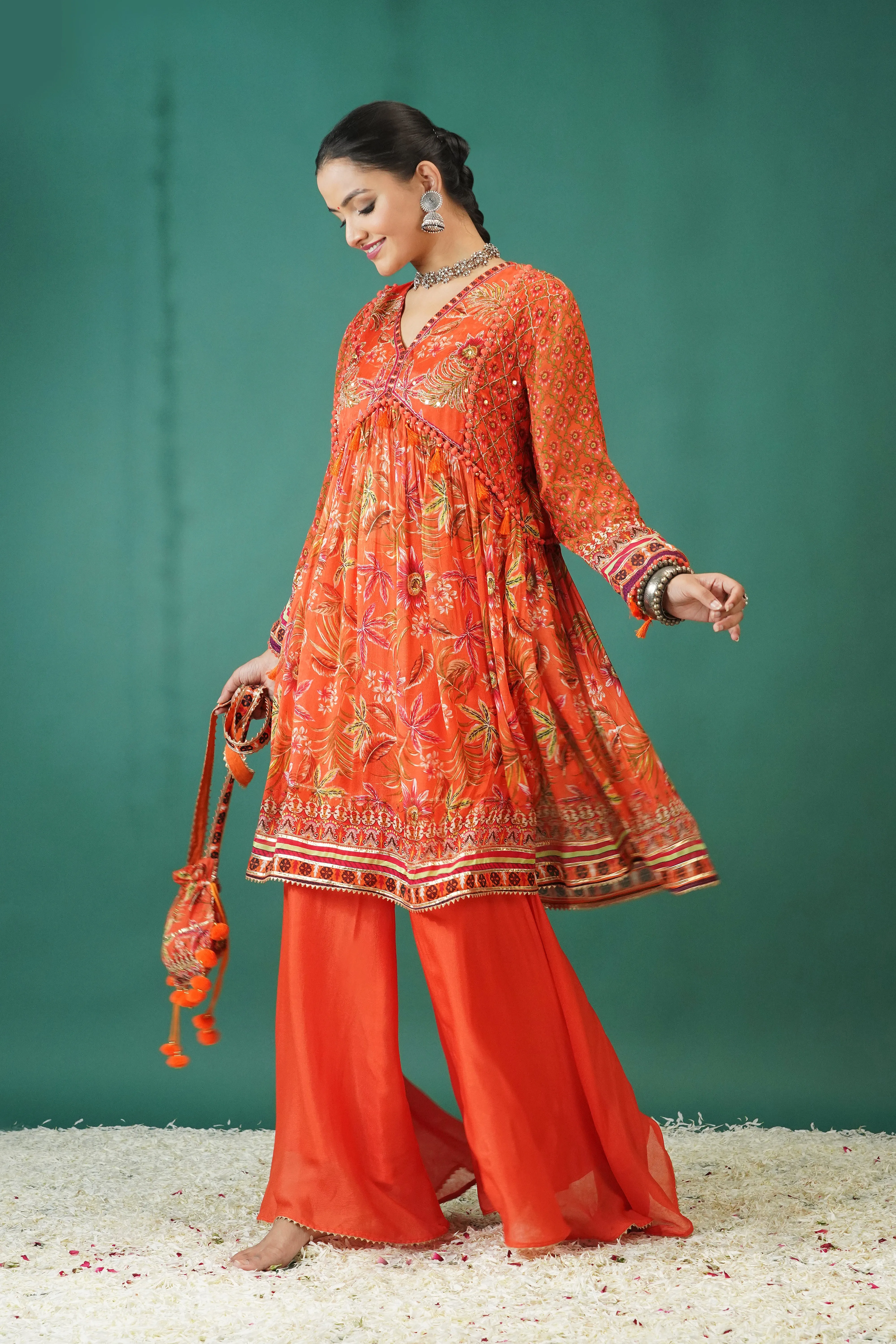 Orange Traditional Printed Chinon Silk Palazzo Set