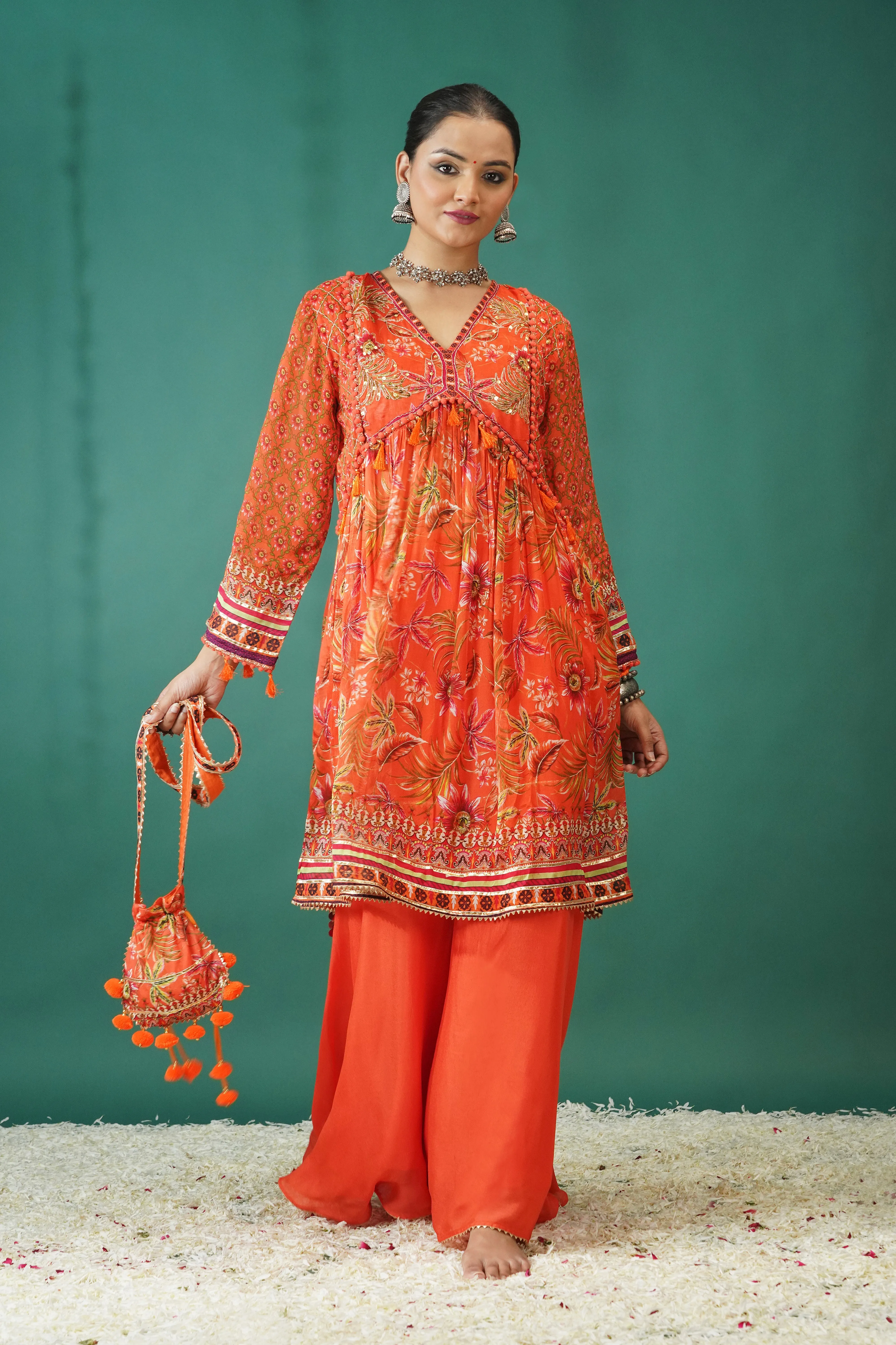 Orange Traditional Printed Chinon Silk Palazzo Set