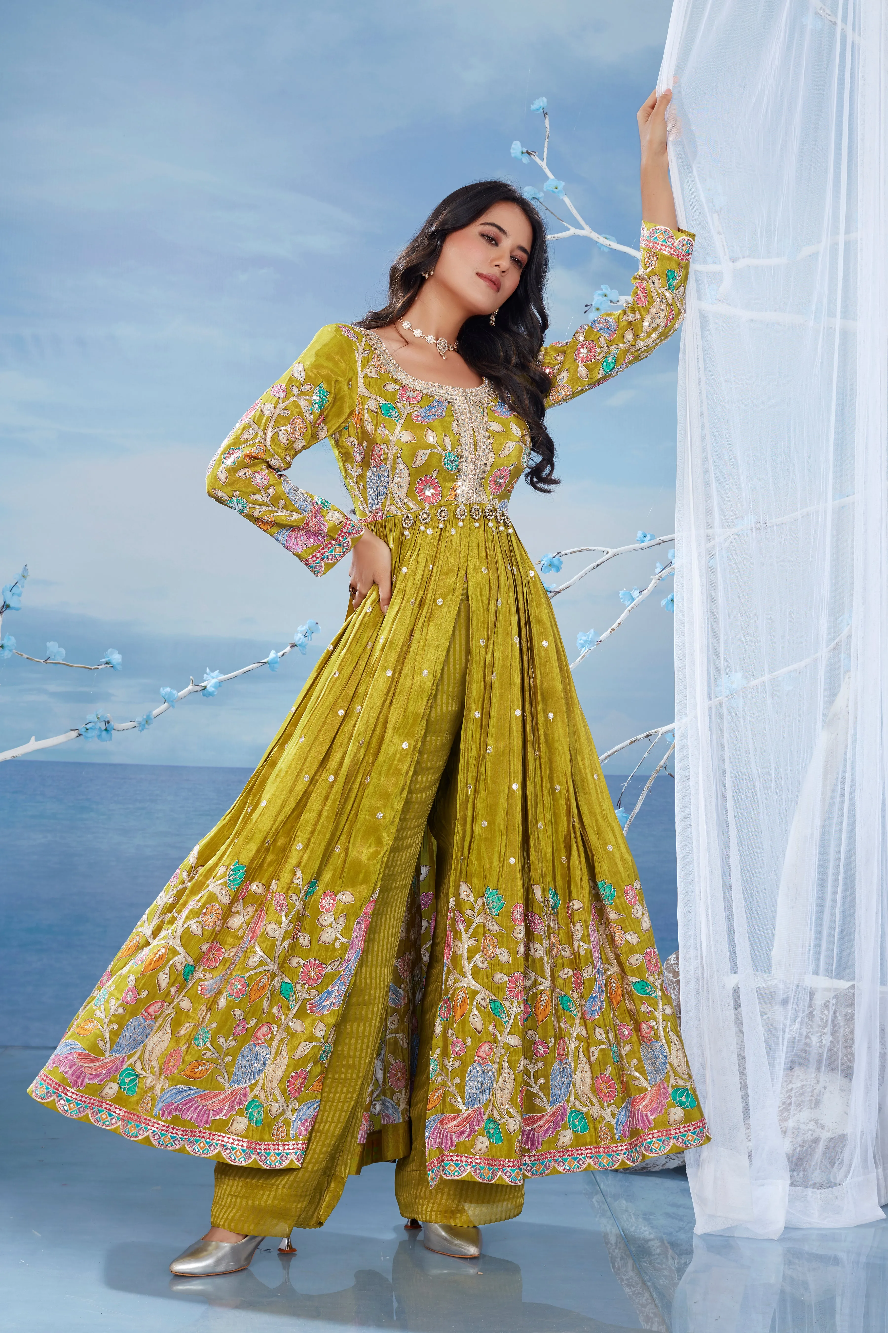 Pear Green Floral Embroidered Habutai Silk Kurta Pants Set