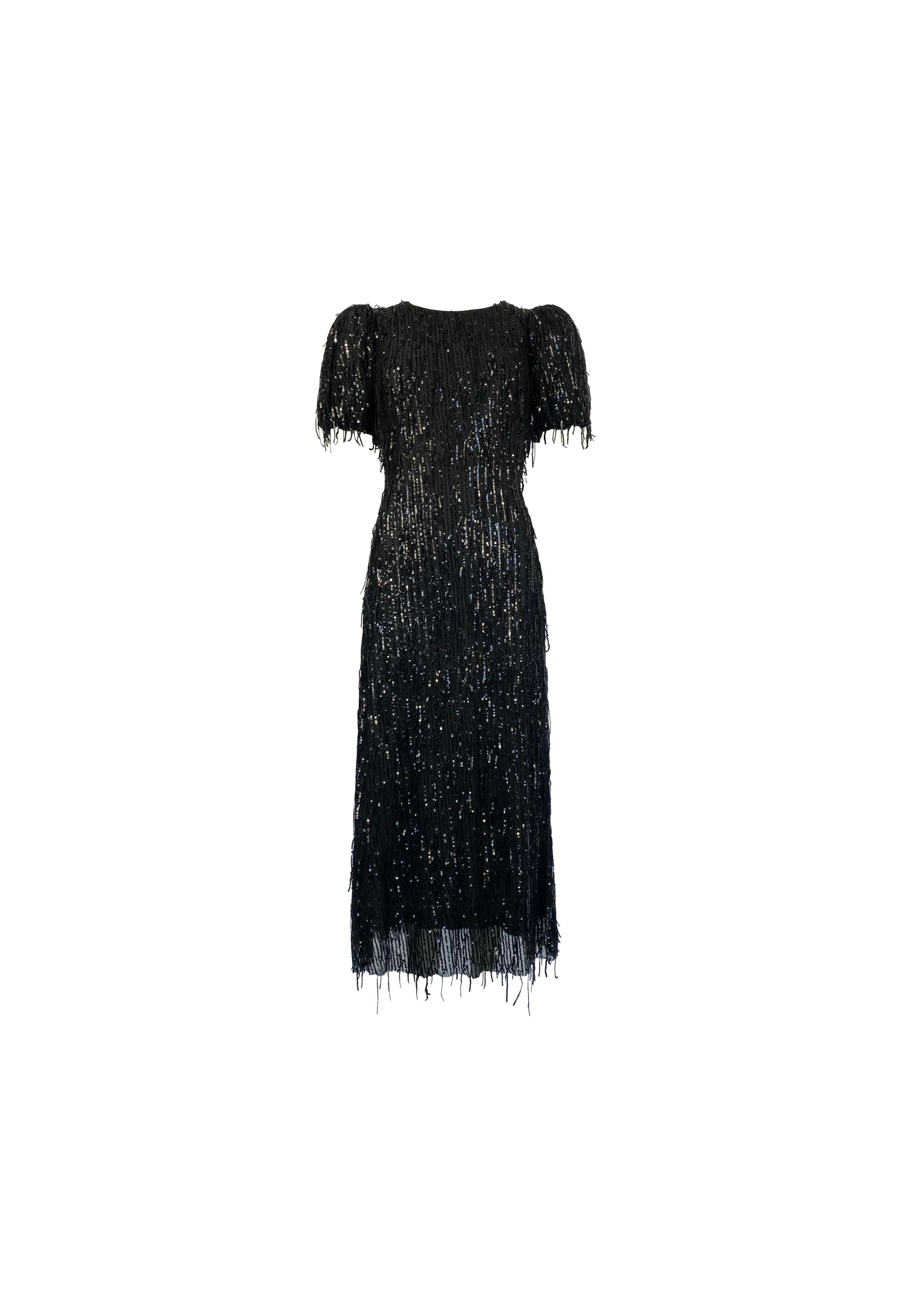 Petite Gina Black Fringe Sequin Puff Sleeve Midi Dress