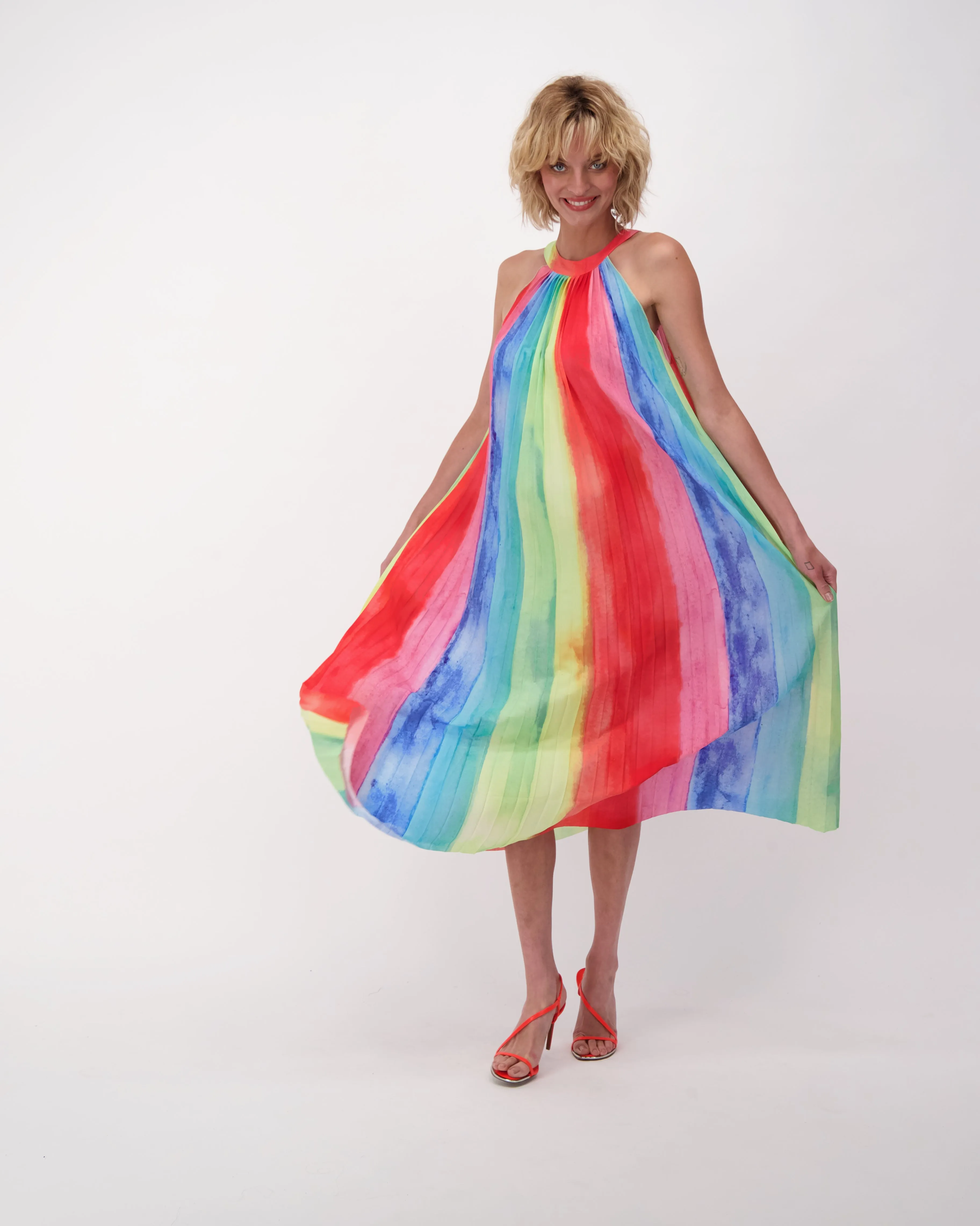 Plisse Pleated Halter Neck Long Dress