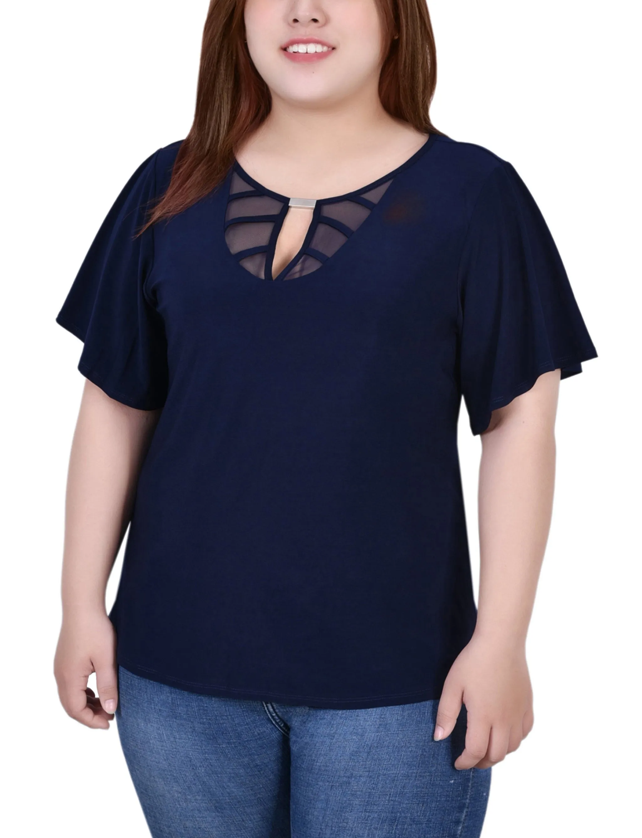 Plus Size Mesh Flutter Sleeve Knit Top