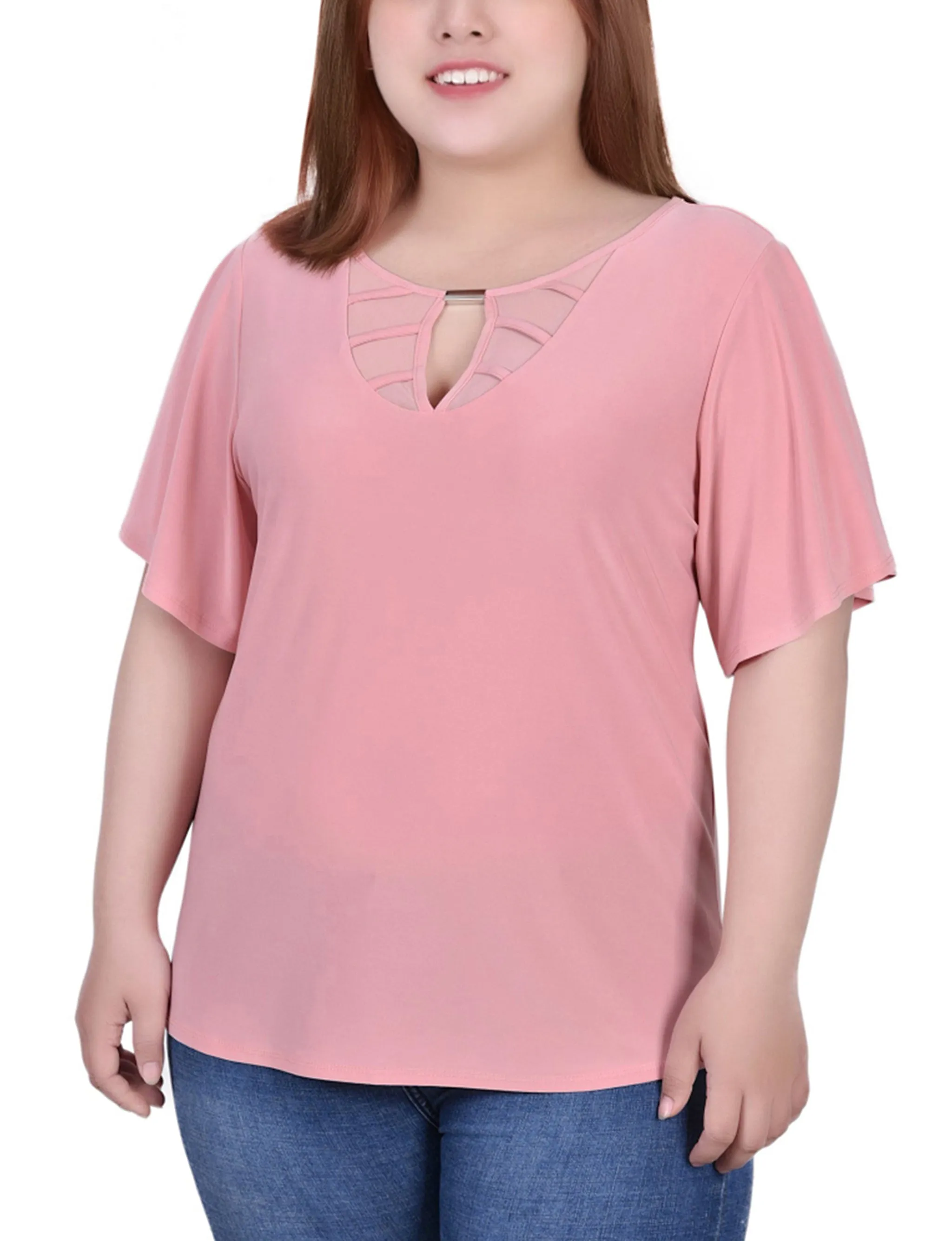 Plus Size Mesh Flutter Sleeve Knit Top