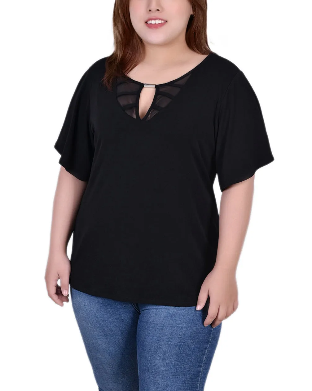 Plus Size Mesh Flutter Sleeve Knit Top