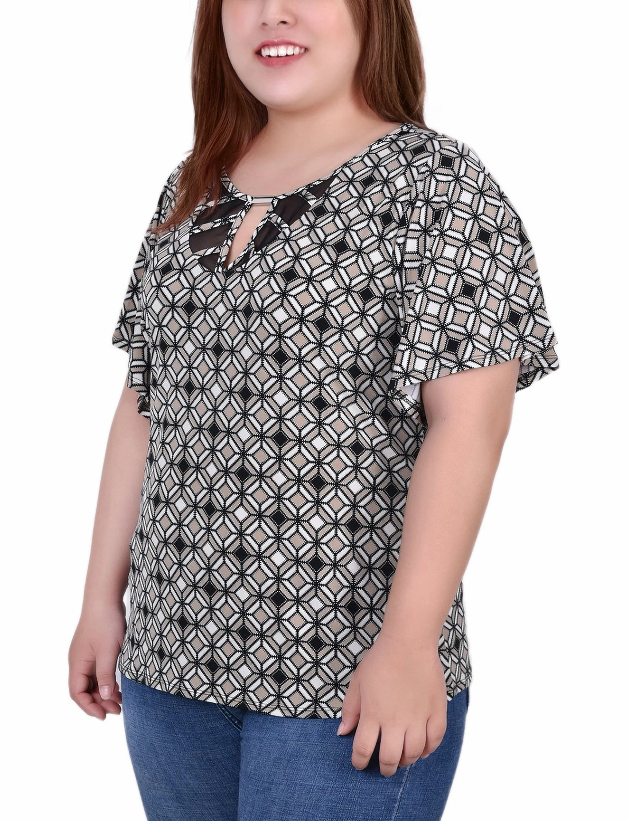 Plus Size Mesh Flutter Sleeve Knit Top