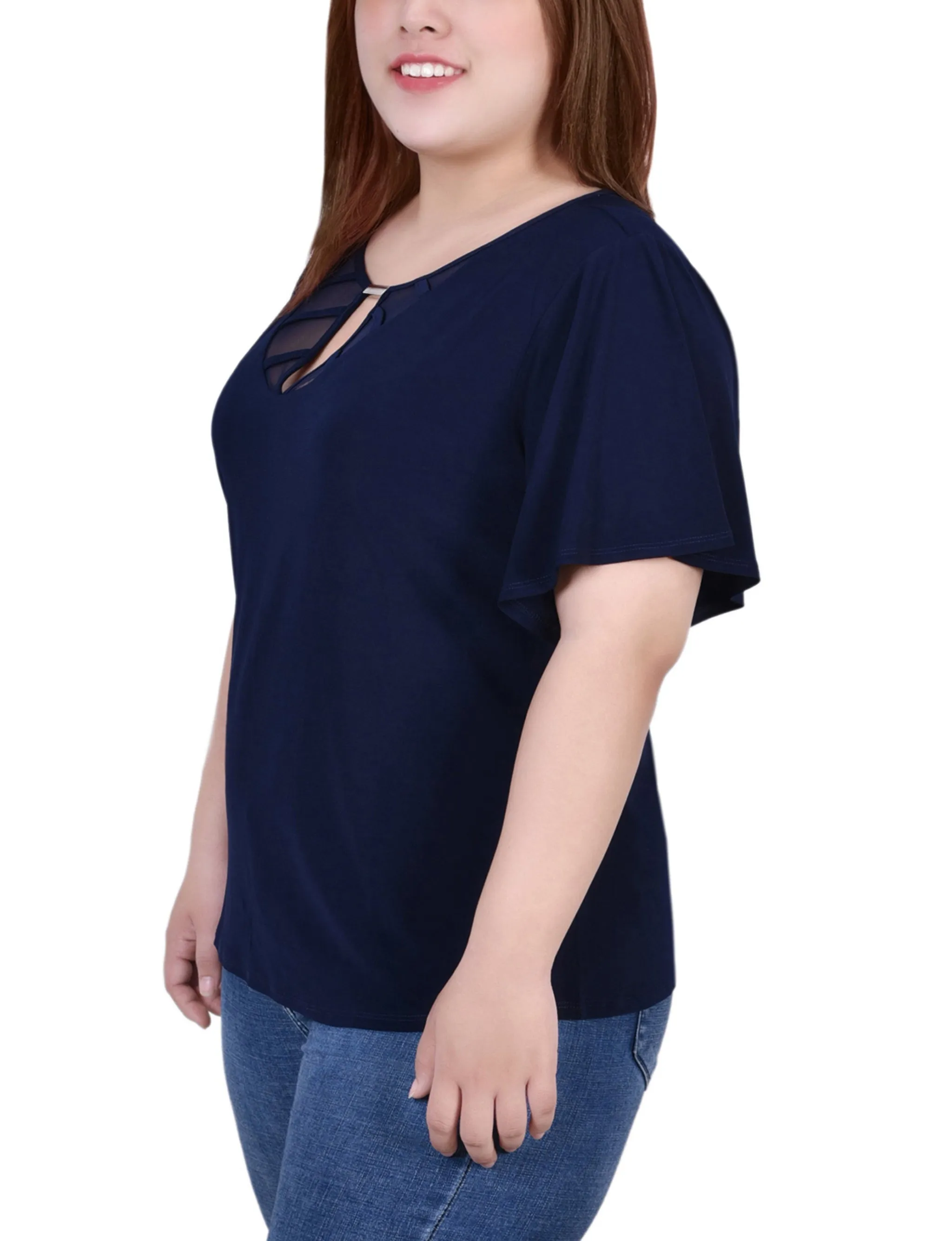 Plus Size Mesh Flutter Sleeve Knit Top