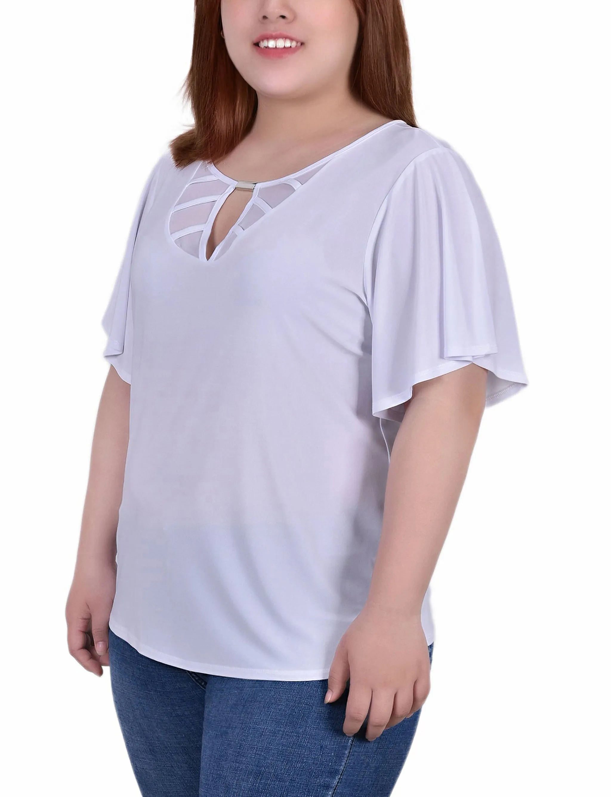 Plus Size Mesh Flutter Sleeve Knit Top