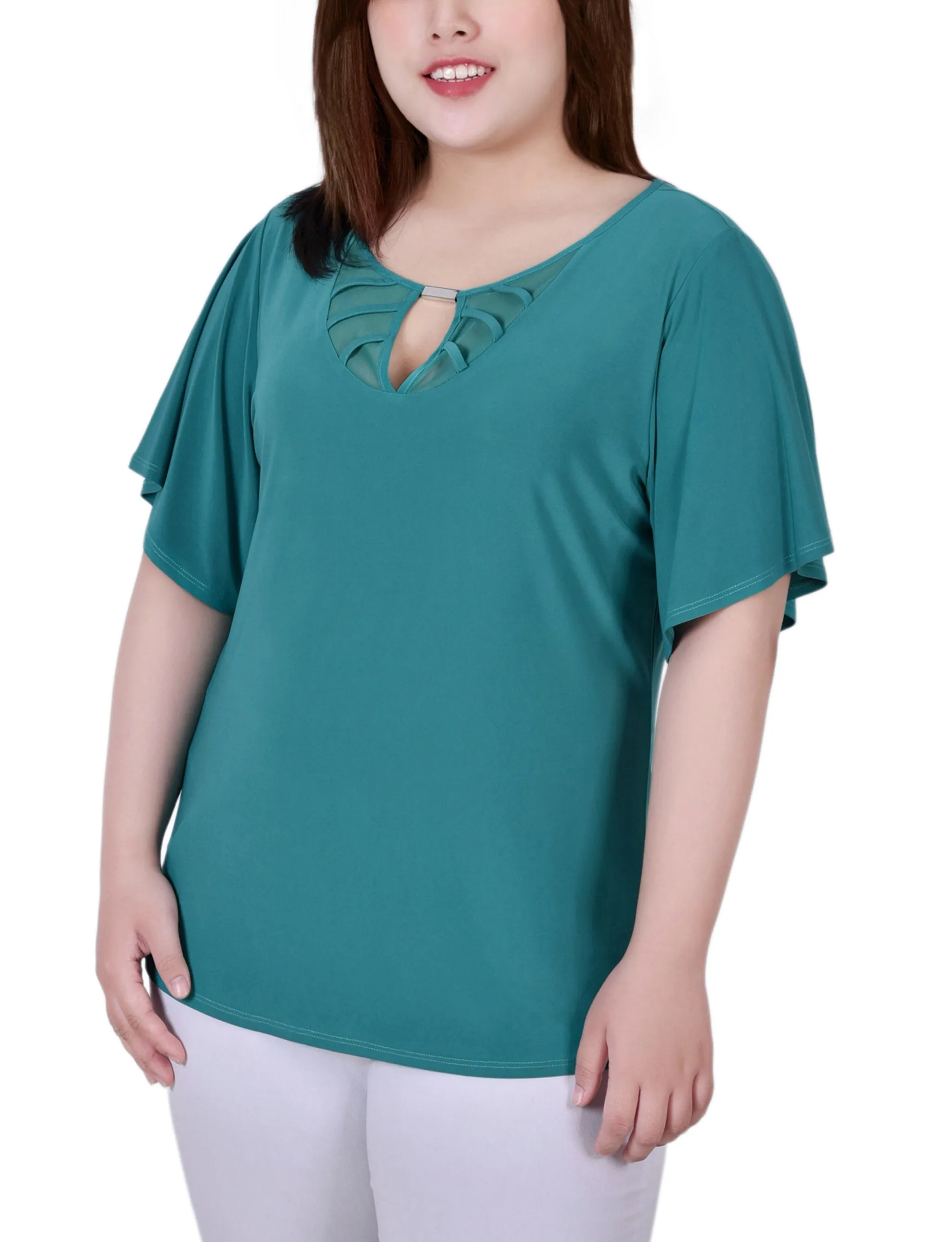 Plus Size Mesh Flutter Sleeve Knit Top