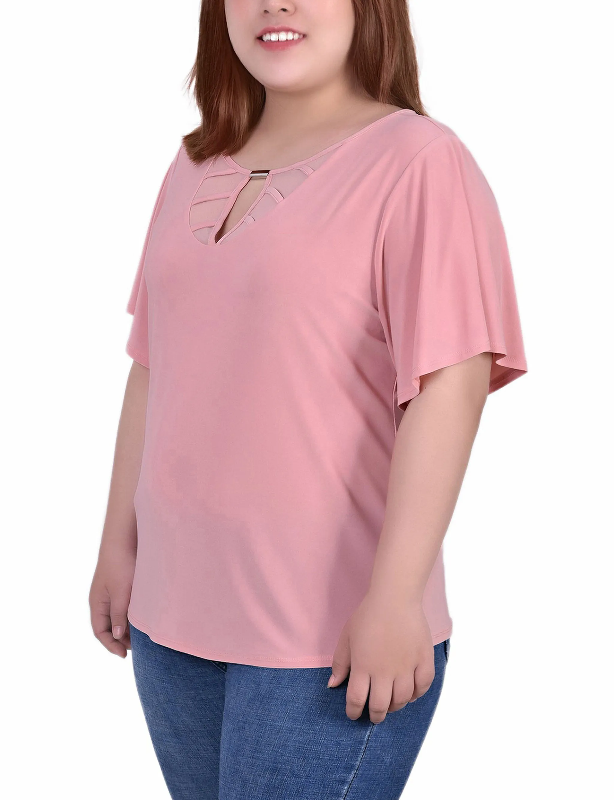 Plus Size Mesh Flutter Sleeve Knit Top